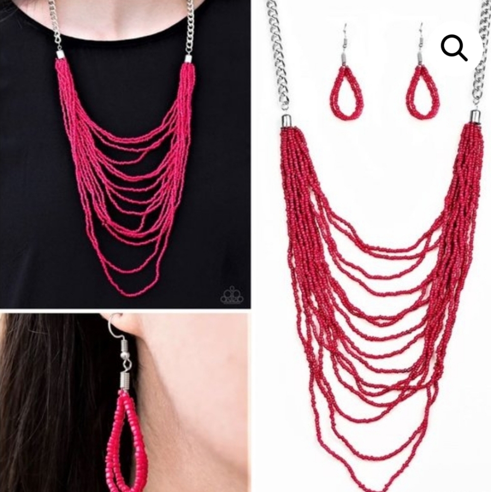 NWT Paparazzi Pink Beaded Statement Necklace & Earring Set - Picture 2 of 14
